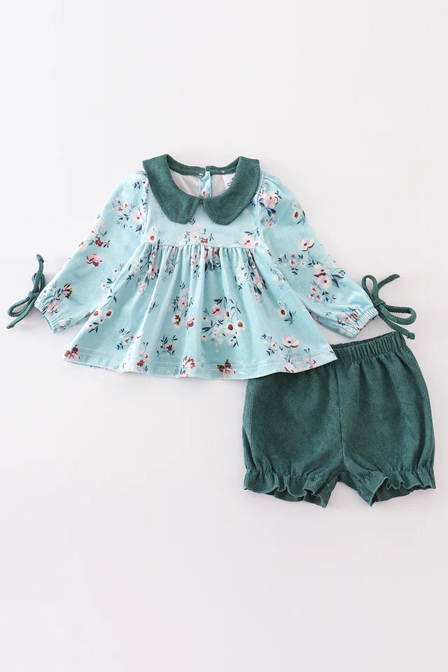 Green Velvet Floral Ruffle Baby Set