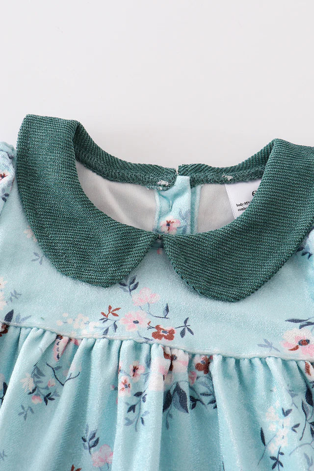 Green Velvet Floral Ruffle Baby Set