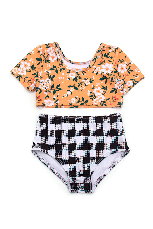 Mustard floral plaid 2 PCS swimsuit