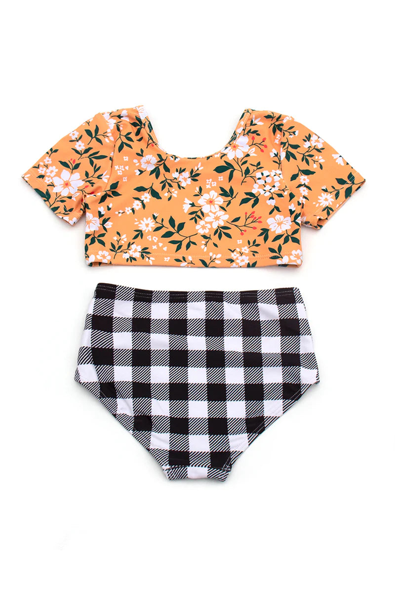 Mustard floral plaid 2 PCS swimsuit