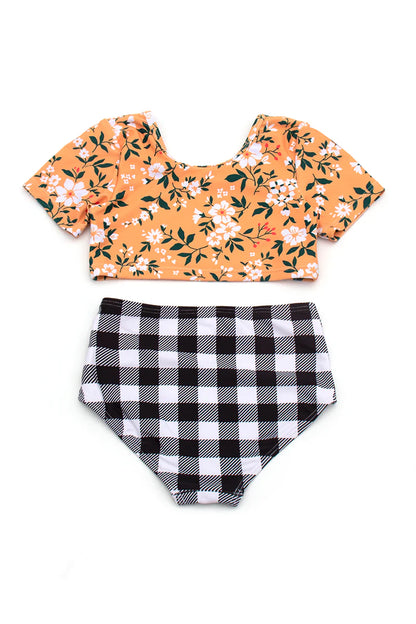 Mustard floral plaid 2 PCS swimsuit