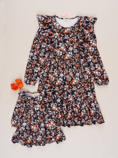 Mom & Me Black & Bronze Floral Ruffle Dress