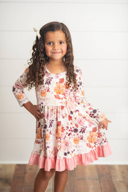 Girls Pink & Coral Vintage Pumpkin Floral Ruffle Fall Dress