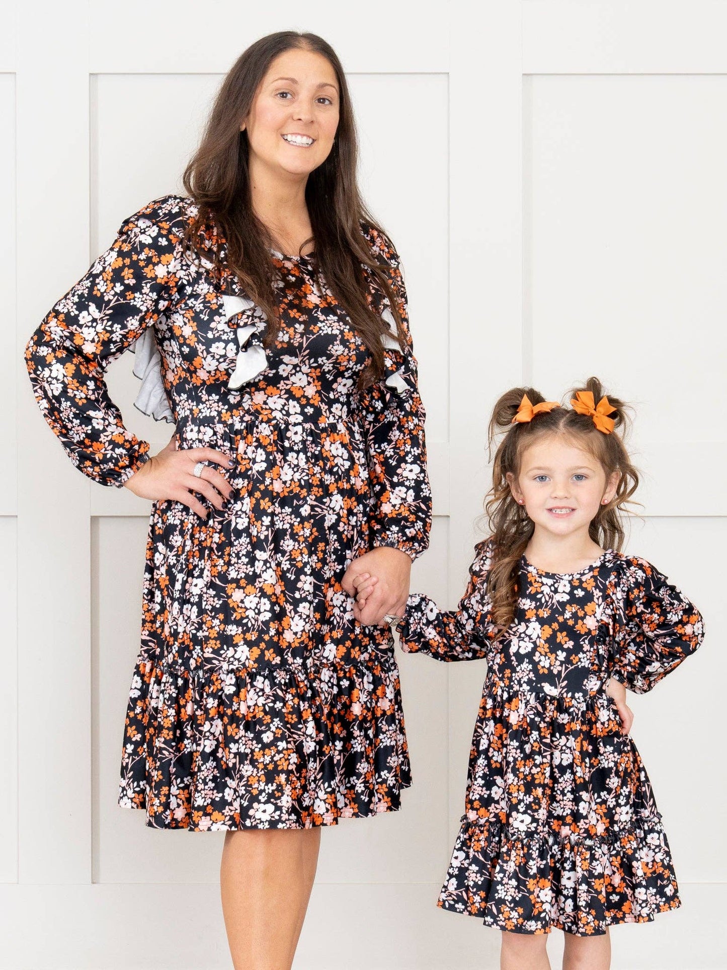 Mom & Me Black & Bronze Floral Ruffle Dress