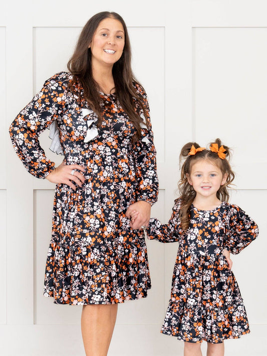 Mom & Me Black & Bronze Floral Ruffle Dress