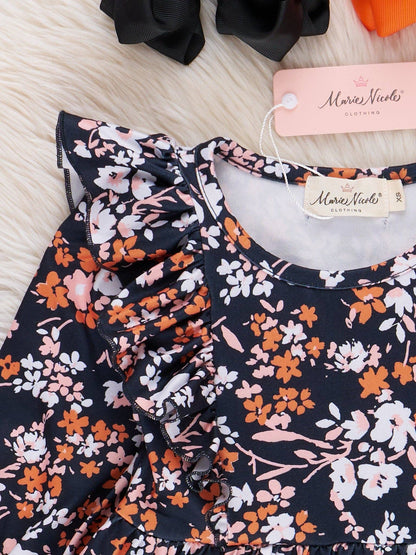 Mom & Me Black & Bronze Floral Ruffle Dress